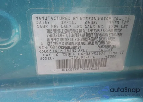 2016 Nissan Versa Note Sv z USA, uszkodzony, nr VIN 3N1CE2CP5GL388121